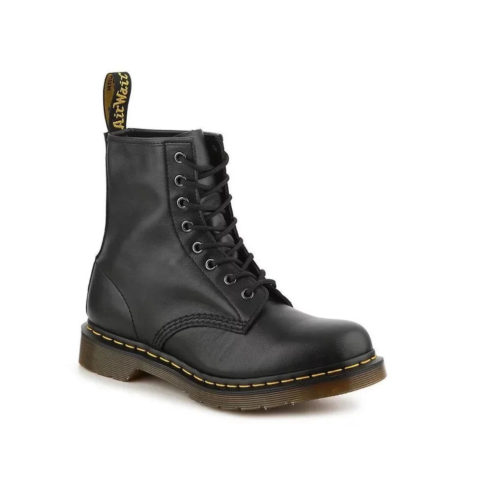Dr. Martens Men's Black Leather 8-Eye Lace-Up Boots with Yellow Stitching